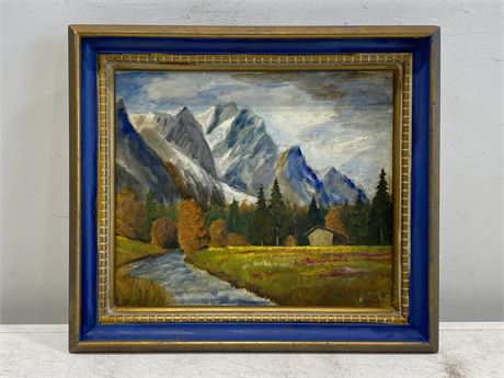 1948 SIGNED OIL ON BOARD PAINTING MOUNTAIN SCENE (17”X15”)