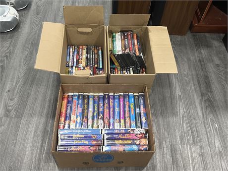 3 BOXES VHS / DVDS & FEW BLURAYS