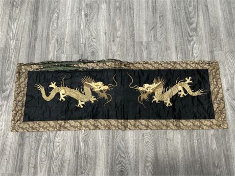 EARLY ANTIQUE JAPANESE DRAGON WALL HANGING 24K GOLD LAYERED THREAD EMBROIDERY