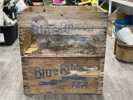 2 VINTAGE CIRCA 1940’S BLUE RIBBON TEA CRATES (31”x19”x17”)