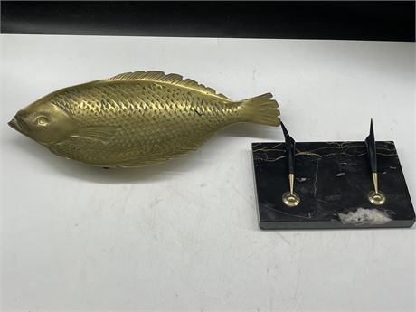 MCM BRASS FOOTED FISH DISH 15” & MARBLE PEN HOLDER