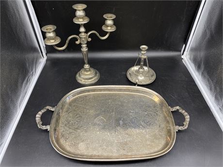 SILVER PLATED TRAY & CANDLE HOLDERS