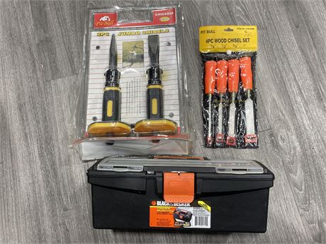 NEW SEALED CHISELS & TOOLBOX