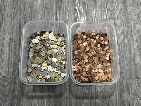 2 BINS OF PENNIES & WORLD CURRENCY - BINS ARE 13.5”x10”