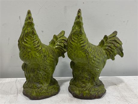 2 VINTAGE GREEN TERRA COTTA ROOSTERS (16” TALL)
