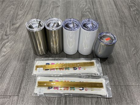 5 NEW STAINLESS STEEL TUMBLERS 7” & 5” TALL + SPARE METAL STRAWS