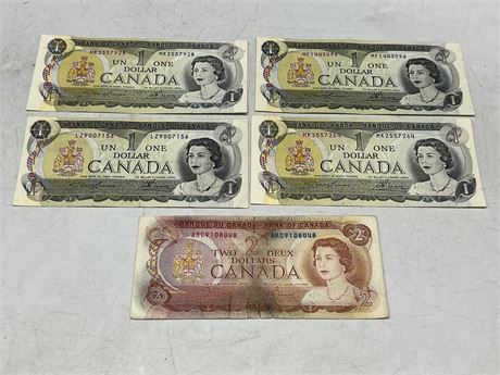 (4) 1973 CDN $1 BILLS & 1974 $2 BILL