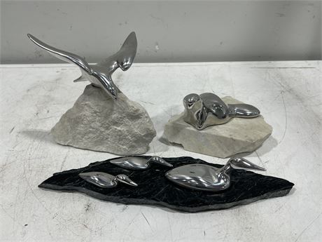 3 METAL HOSELTON SCULPTURES ON STONE BASES (Tallest is 7”)