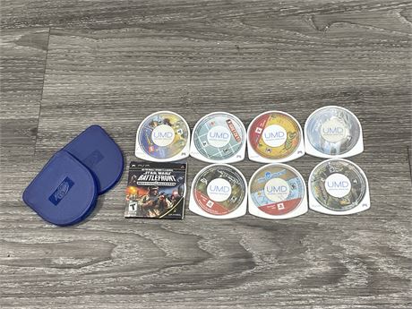 8 PSP GAMES W/ 2 CASES