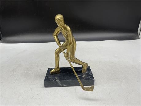 HEAVY BRASS HOCKEY PLAYER ON MARBLE STAND 7”