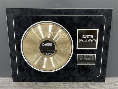 LED ZEPPELIN SPECTACULAR BLACK SUEDE MATTED GOLD RECORD DISPLAY (24”X18”)