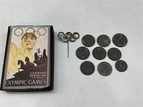 1936 BERLIN OLYMPIC GAME PIN & 9 GERMAN COINS