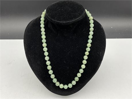 SIGNED STERLING CLASP JADE BEAD NECKLACE 17”