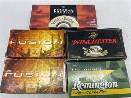 5 BOXES OF FIRE FORMED 338 WIN MAG BRASS, MIX OF BRANDS