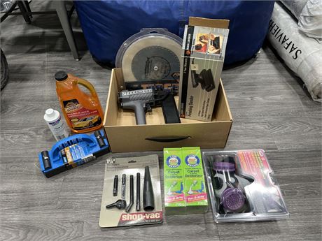 LOT OF MOSTLY NEW SHOP ITEMS (INC. STAPLE GUN, SANDERS, BLADE & MORE)