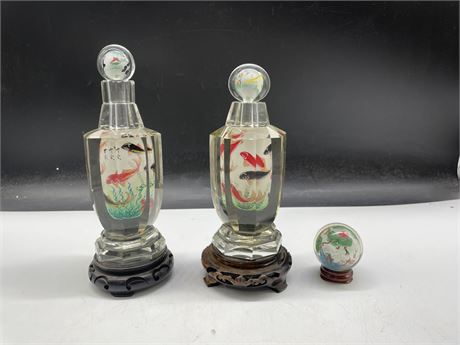 3 CHINESE REVERSE PAINTED BOTTLES & DISPLAY