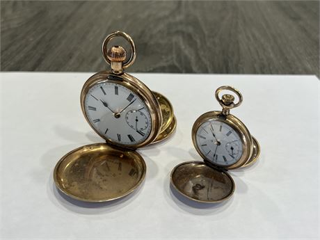 2 ANTIQUE GOLD FILLED POCKET WATCHES - 2” / 1.5” DIAM