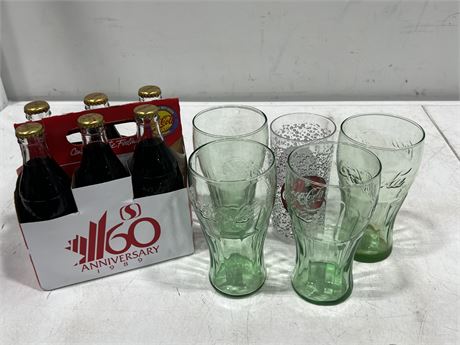 1989 FULL COCA COLA BOTTLES W/GLASSES