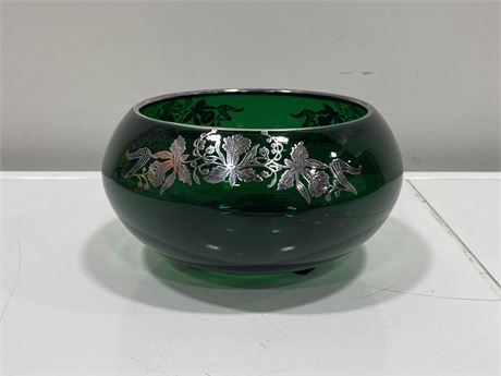 ART NOUVEAU STERLING SILVER OVERLAY EMERALD GREEN BOWL
