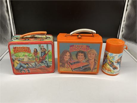 2 VINTAGE DUKES OF HAZARD LUNCH BOXES (1 metal) & VINTAGE THERMOS