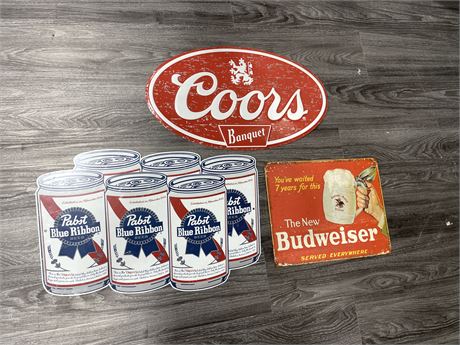 COORS - BUDWEISER - PBR TIN SIGNS (~20” LONG - REPRODUCTIONS)