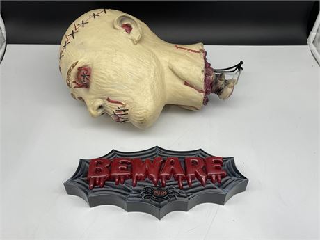 SPOOKY HALLOWEEN SEVERED HEAD + BEWARE LIGHT UP SIGN W/ SOUNDS