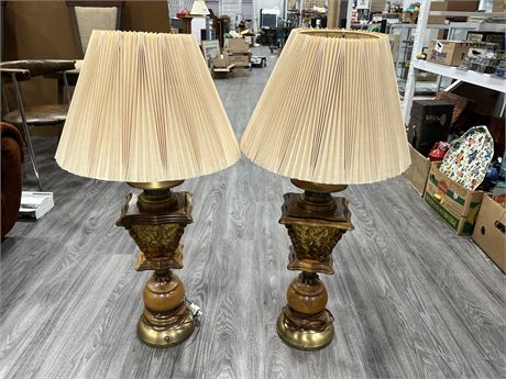 PAIR OF VINTAGE GLASS, BRASS & WOOD LAMPS - 36” TALL