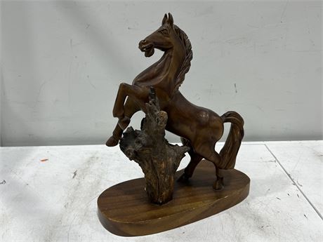 WOOD HORSE SCULPTURE- HAS REPAIRED LEG (17” tall)