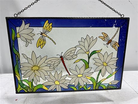 VINTAGE HANGING STAINED GLASS PIECE (18”x12”)