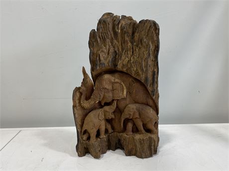 HAND CARVED WOOD ELEPHANT DECORATION (16” tall)