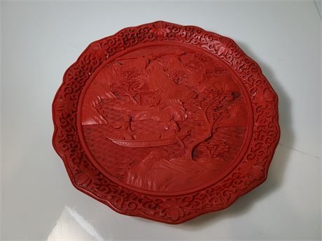 LARGE 9" CHINESE CARVED CINNABAR LACQUER PLATE