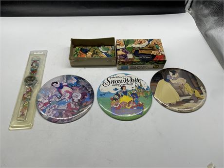 3 SNOW WHITE 6” BUTTONS, JAYMAR COMPLETE PUZZLE, & WATCH
