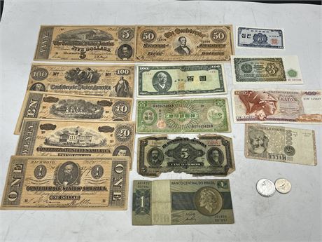 LOT OF MISC CURRENCY - CONFEDERATE BILLS ARE FACSIMILE