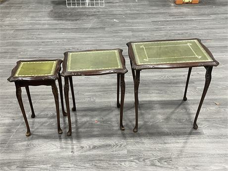 VICTORIAN NESTING TABLES W/ LEATHER & GLASS TOPS (SMALLEST MISSING GLASS)