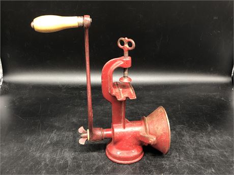 ANTIQUE PAINTED RED CAST IRON GRINDER