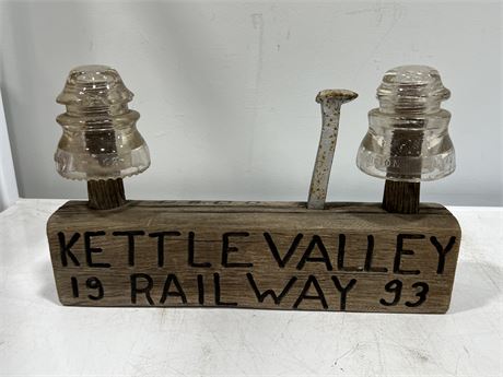 VINTAGE KETTLE VALLEY RAILWAY SPIKE / INSULATOR DISPLAY (16” wide)