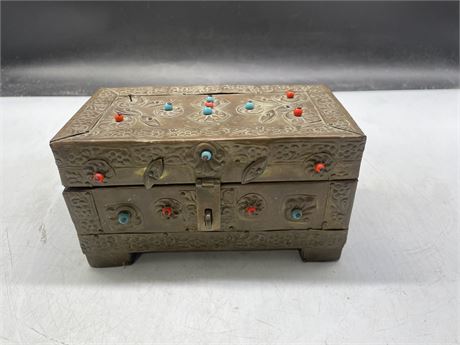 EASTERN BRASS OVERLAYED BOX WITH BEADS