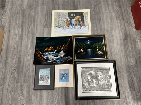 LOT OF 6 MISC PAINTINGS AND PRINTS - LARGEST IS 24” X 21”