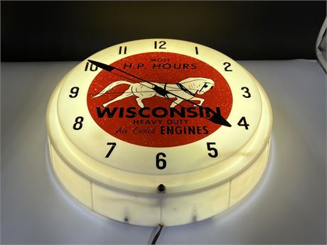 VINTAGE WISCONSIN AIR COOLED ENGINES CLOCK - LIGHTS UP & WORKING 15” DIAM
