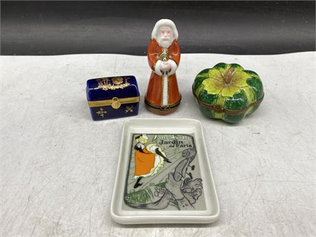3 LIMOGES SIGNED BOXES & LIMOGES SIGNED PLATE (TALLEST IS 3”)