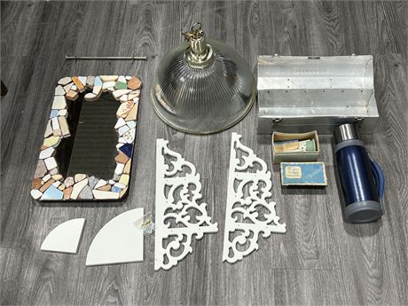 LOT OF HOME DECOR / VINTAGE ITEMS - MIRROR, HANGING LIGHT, THERMOS, ETC