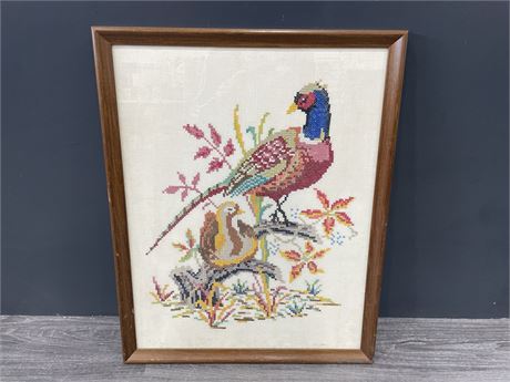 FRAMED VINTAGE PEACOCK NEEDLE POINT - TOOK 20 YEARS TO COMPLETE
