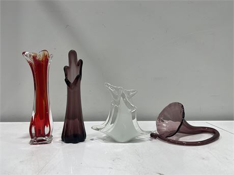 4 PCS OF ART GLASS VASES, ECT - LARGEST IS 10”