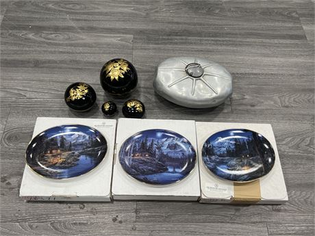 VINTAGE BED WARMER, NESTING LACQUERED BOWLS & COLLECTOR PLATES