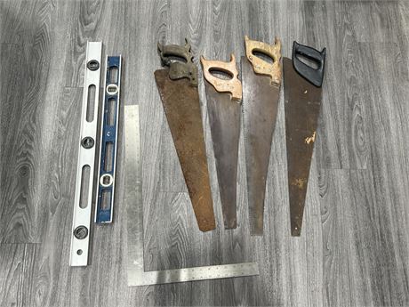 LOT OF HAND SAWS, SQUARE, LEVELS