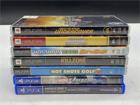 LOT OF 5 PSP GAMES W/MANUALS + 2 PS4 GAMES WITHOUT MANUALS