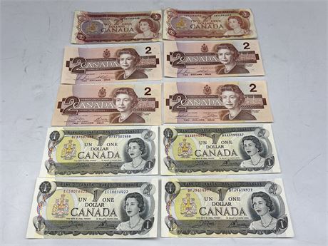 LOT OF OLD CANADIAN $1 AND $2 BILLS