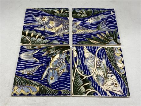 4 ANTIQUE MADE IN ENGLAND FISH TILES (6”)