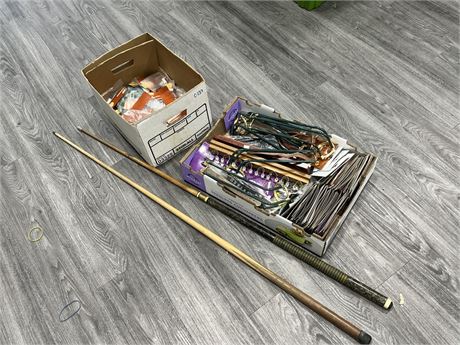 2 POOL CUES & BOXES OF ACCESSORIES