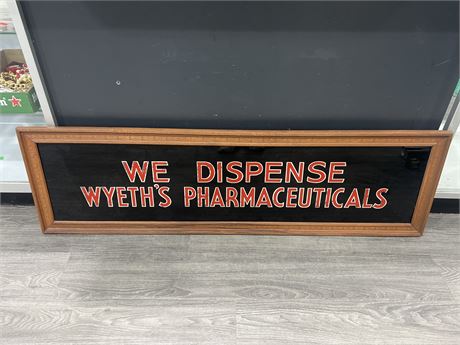 EARLY VINTAGE WYETHS PHARMACEUTICALS GLASS SIGN (53”x16”